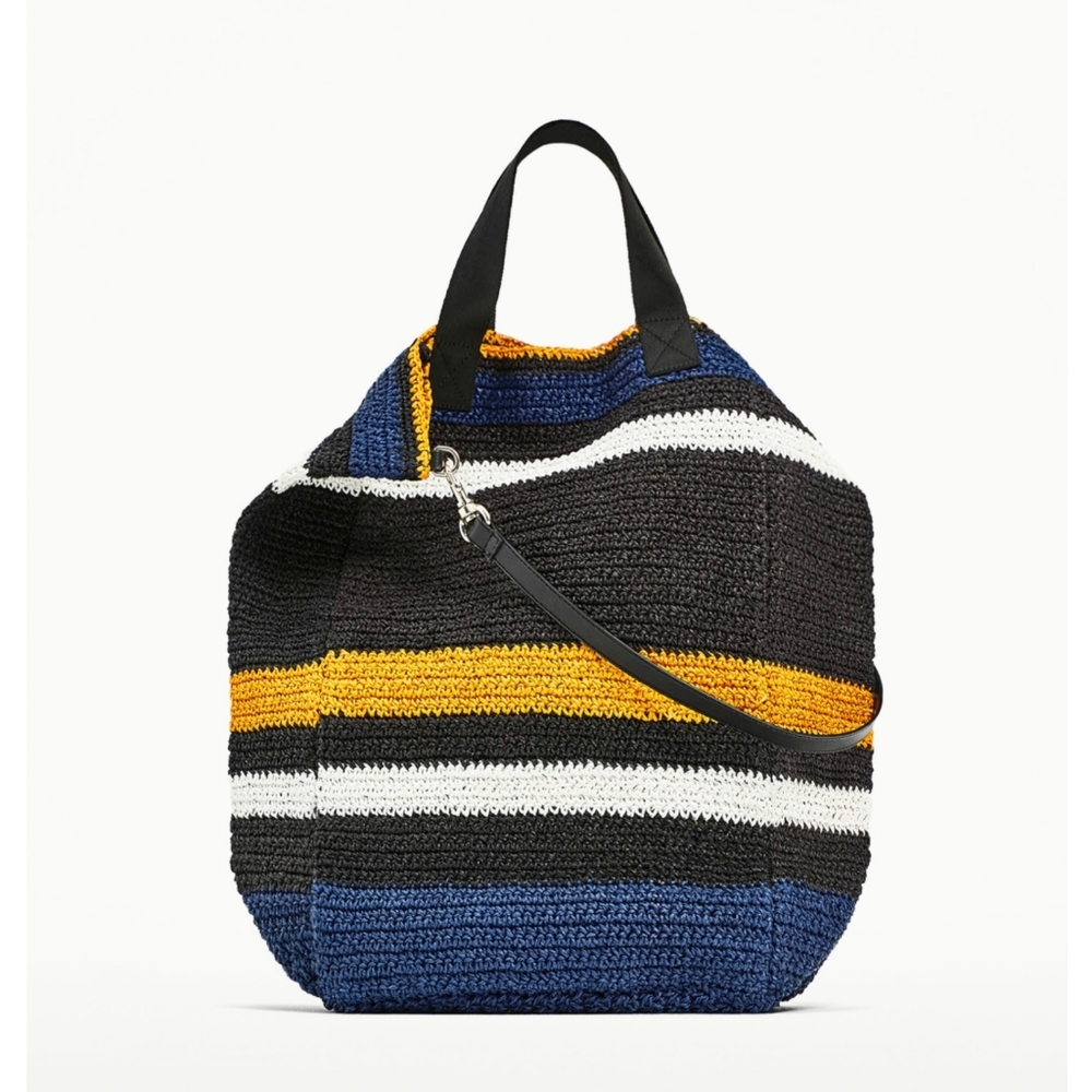 ZARA Braided Striped Tote Shoulder Bag Blue Black Yellow Woven Boho Beach Market
